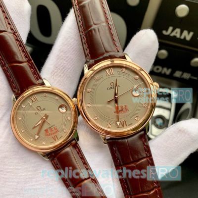 Copy Omega De Ville Quartz Lovers Watch SS Grey Dial Brown Leather Strap